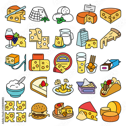 ПечатьSet of colorful cheese products and food icons. Made linear style. Cheese vector illustration with simple line design.