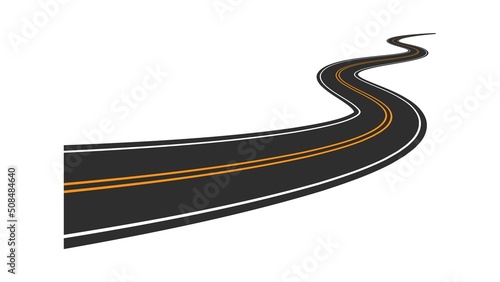 Winding highway with sharp turns. Empty dark asphalt road and yellow markings with curves. Complicated journey with constant attention and vector concentration