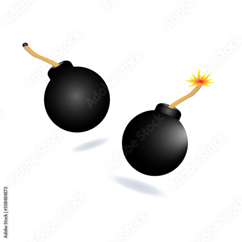 Bomb set. Burning black bomb fuse in realistic style. 3d Bomb vector illustration isolated on white background