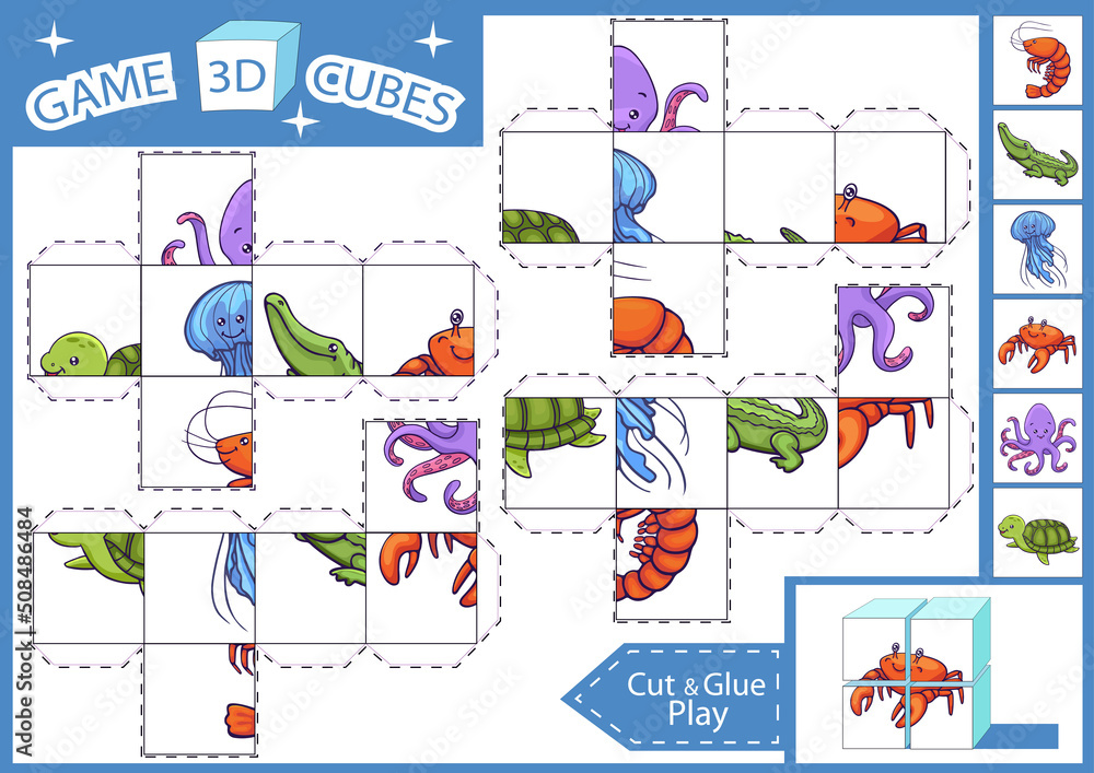 Child 3d paper craft activity page. Cut and glue the cube. Kids education puzzle game with cute cartoon sea animals. Child 3d paper craft activity page. Cut and glue the cube. Kids education puzzle game with cute cartoon sea animals.