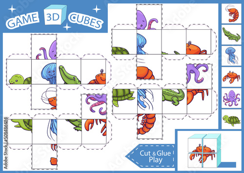 Child 3d paper craft activity page. Cut and glue the cube. Kids education puzzle game with cute cartoon sea animals.