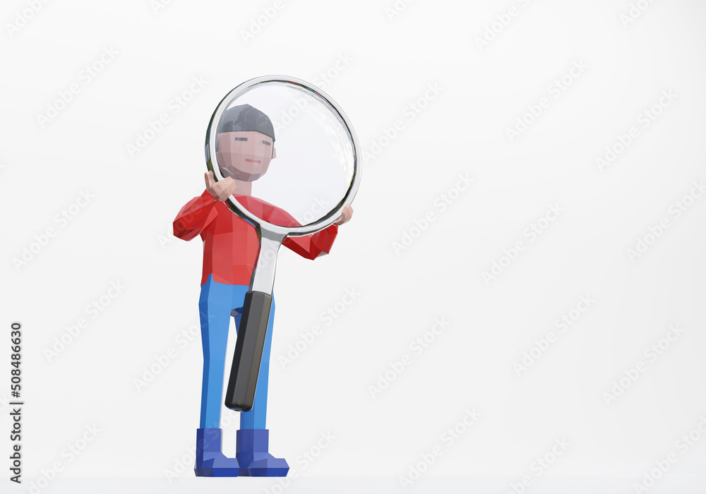 3d render of cartoon character holding a magnifying glass.