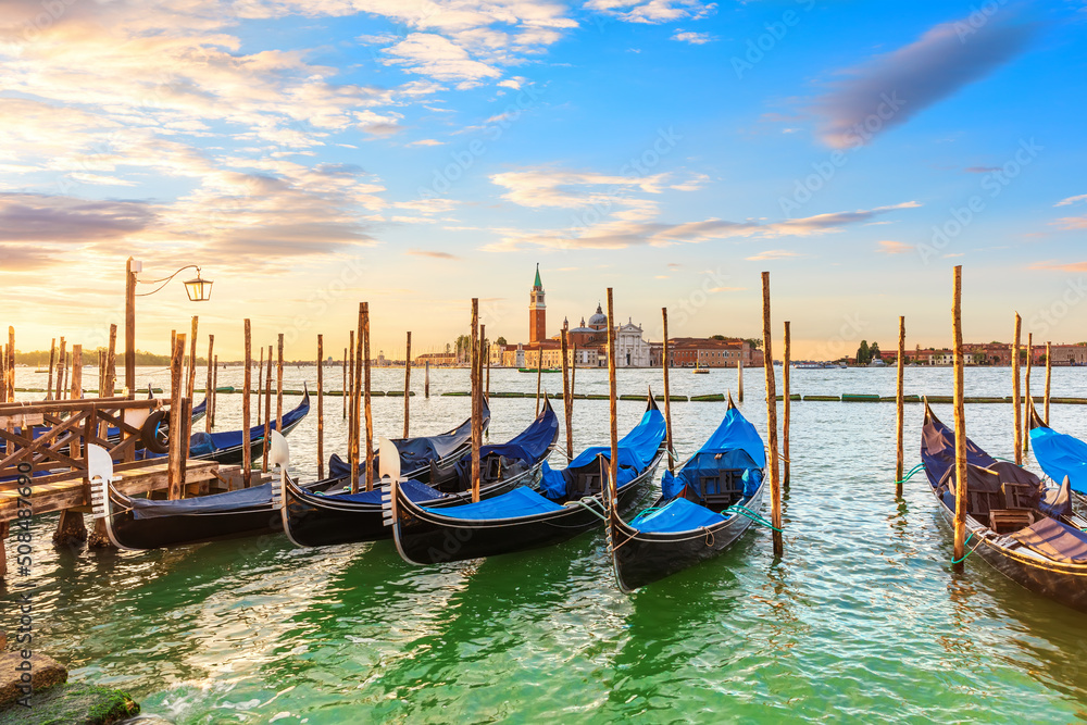 San Giorgio Maggiore Island and Gondolas moored nearby, Venice, Italy