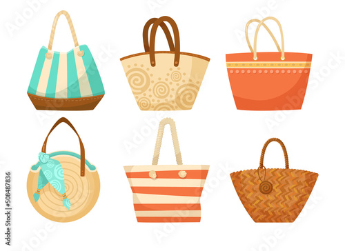Different beach bags for women vector illustrations set. Collection of cartoon drawings with woven bags for vacation or holiday isolated on white background. Fashion, accessories, summer concept