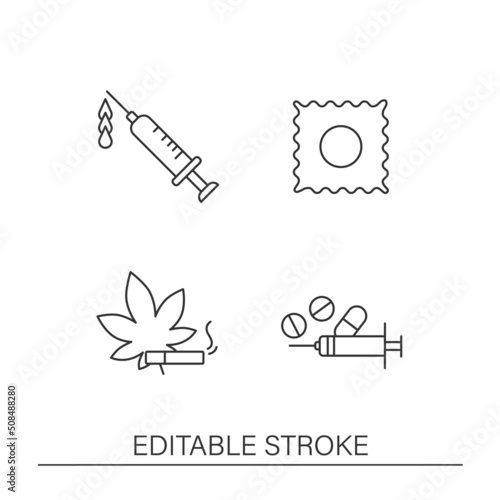  Against drug line icons set. Injections, smoking weed and cigarettes. Drug test. Bad habits concepts. Isolated vector illustrations. Editable stroke
