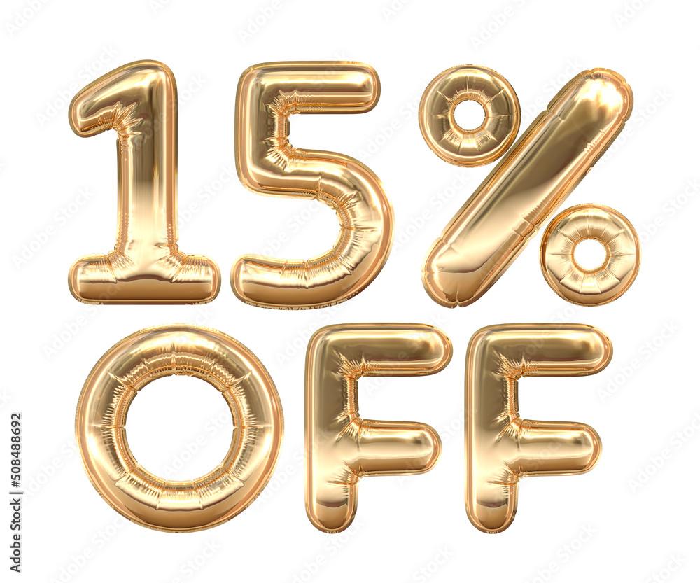Golden text, 15% off isolated on white background. Off 15 percent. Sales concept. 3d illustration Golden text, 15% off isolated on white background. Off 15 percent. Sales concept. 3d illustration