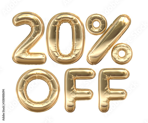 Golden text, 20% off isolated on white background. Off 20 percent. Sales concept. 3d illustration