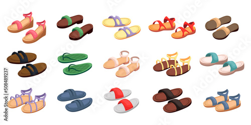 Colorful summer sandals cartoon illustration set. Pairs of male and female flip-flops, beach slippers for vacation or holiday on white background. Footwear, fashion, recreation, shoes concept