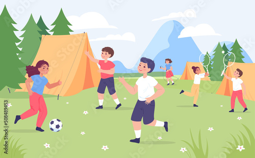 Cartoon children doing different sports in summer camp. Boys and girls playing football and tennis flat vector illustration. Healthy lifestyle, camping, sports concept for banner or landing web page