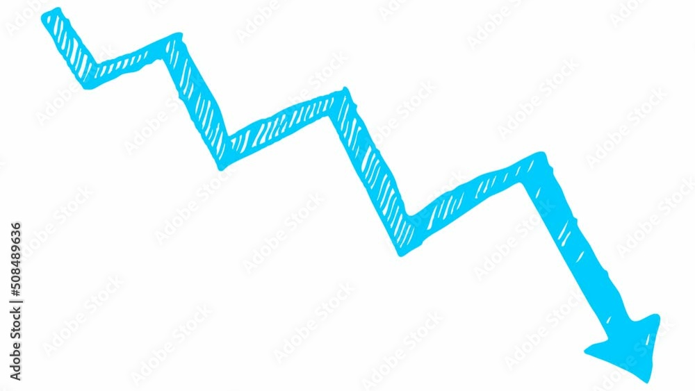 Animated blue arrow. Recession chart of economy. Economic crisis, recession, decrease graph. Profit down. Hand drawn vector illustration isolated on white background. Animated blue arrow. Recession chart of economy. Economic crisis, recession, decrease graph. Profit down. Hand drawn vector illustration isolated on white background.