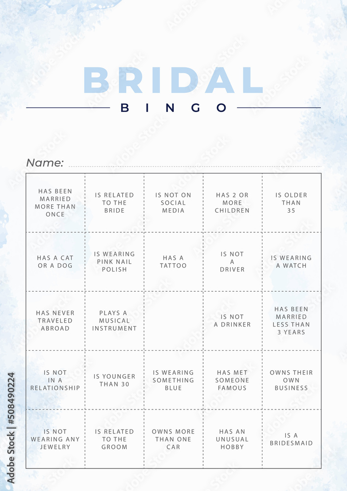Bridal Bingo Card - Printable A4 sheet for a bridal bingo game Stock ...