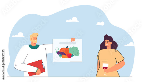 Doctor showing picture with vegetables to woman drinking wine. Male medical professional giving recommendation to patient flat vector illustration. Health, diet, nutrition, alcohol concept for banner
