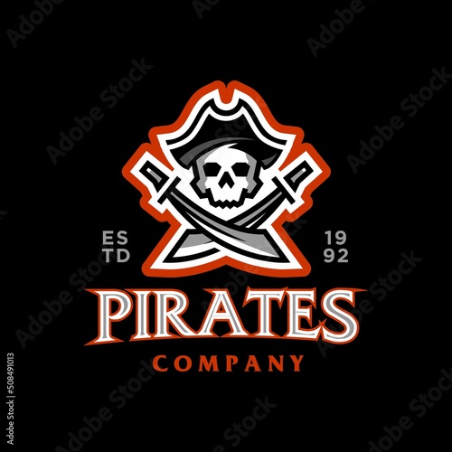 pirates esport logo. Pirate Skull with hat and Crossing Swords Sailor emblem logo design Illustration in trendy line gaming Mascot style 