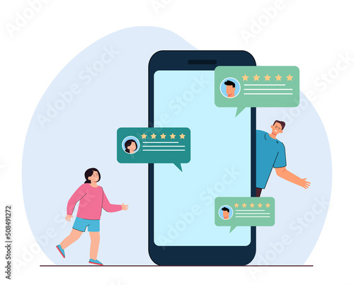 Tiny children with smartphone and comments from app users. Cute boy and girl leaving positive feedback flat vector illustration. Technology, customer review concept for banner or landing web page