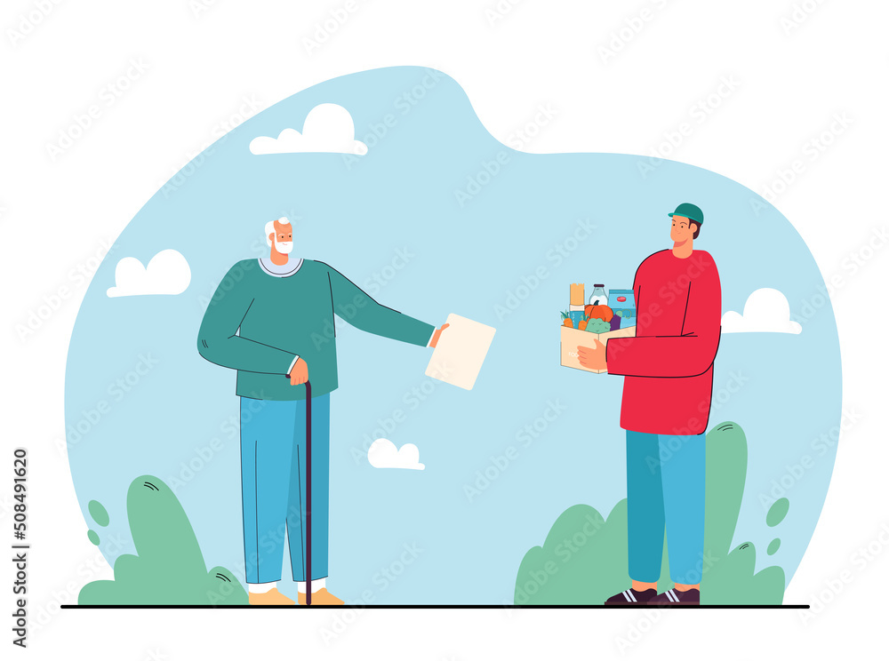Courier or volunteer delivering food to old man. Elderly person getting humanitarian aid or groceries flat vector illustration. Charity, assistance, elderly care concept for banner or landing page Courier or volunteer delivering food to old man. Elderly person getting humanitarian aid or groceries flat vector illustration. Charity, assistance, elderly care concept for banner or landing page