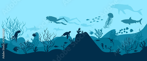 silhouette of coral reef with fish and divers on blue sea background underwater vector illustration