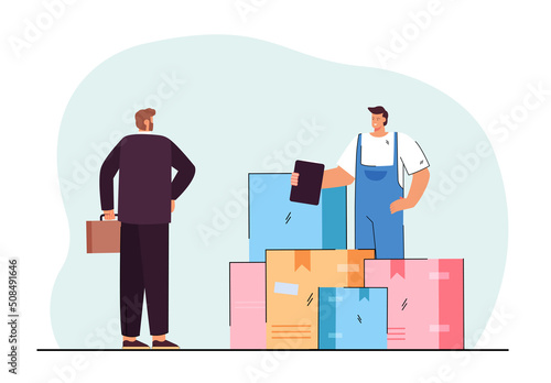 Back view of businessman and deliveryman with boxes. Courier delivering package to company flat vector illustration. Delivery or moving service, transportation concept for banner or landing web page