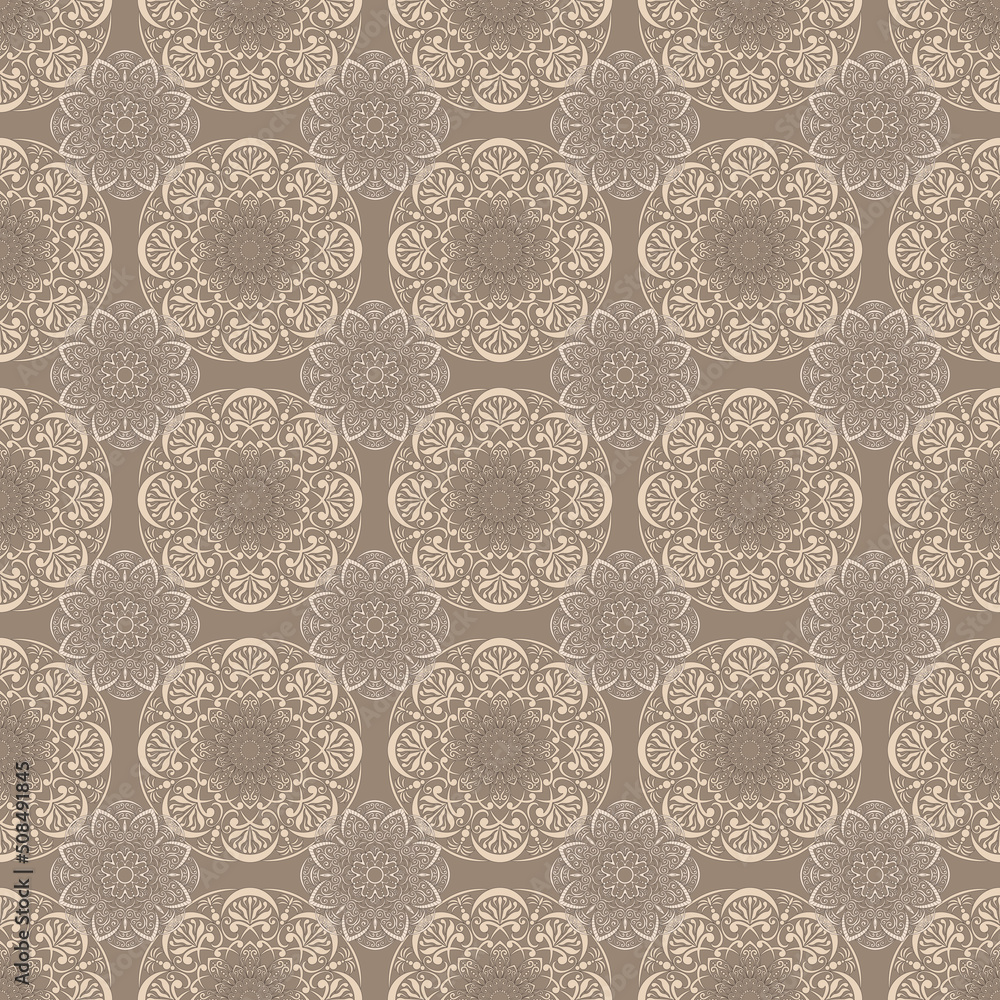 Seamless pattern, hand drawn, vector. Mandalas, beige ethnic pattern, beige background.