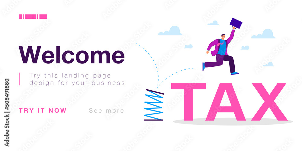 High jump of businessman reducing tax burden. Happy exempt male character with briefcase jumping from flexible spring flat vector illustration. Taxation, tax avoidance or exemption, leadership concept