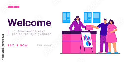 Customers standing at information desk of tradeshow event. People visiting exhibition of products in hall of expo business center flat vector illustration. Fair, demonstration of exhibits concept