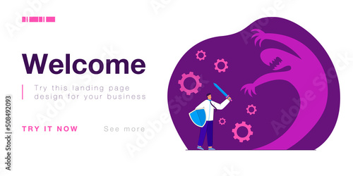 Fight of businessman and threatening shadow. Man with shield and sword fighting against anxiety feelings and phobias flat vector illustration. Ego and subconscious conflict, unconscious fear concept