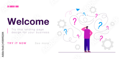 Business person making right decision among different options. Question marks around man, strategy for achieving success or goal flat vector illustration. Choice, decision concept for website design