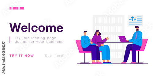 Legal or financial advisor making contract with married couple. Judge with laptop consulting clients in lawyer office flat vector illustration. Law, family, divorce concept for banner, website design