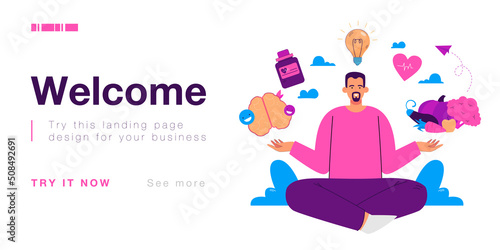 Male person with healthy body and mind meditating. Holistic healing, physical and mental health flat vector illustration. Healthy lifestyle, wellness concept for banner, website design or landing page