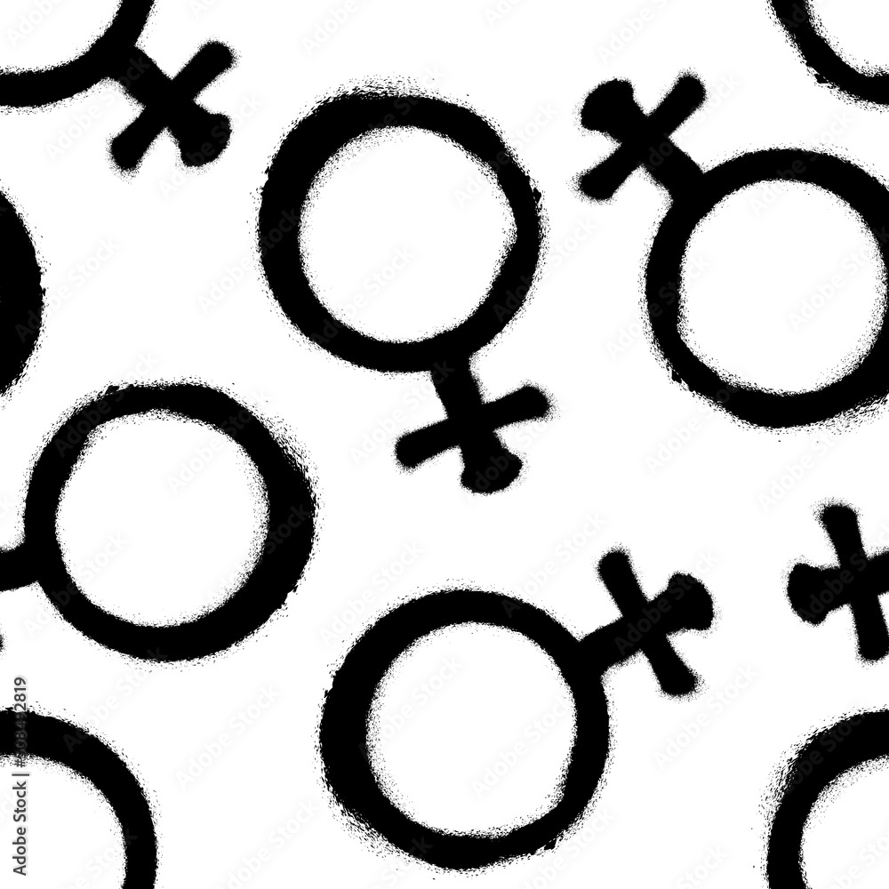 Seamless pattern of sprayed female logo in black over white. Woman symbol. Gender symbol. Vector illustration template Seamless pattern of sprayed female logo in black over white. Woman symbol. Gender symbol. Vector illustration template