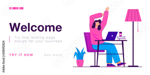 Happy employee taking break from work and stretching at desk. Calm office person relaxing or resting in workplace flat vector illustration. Coffee break, relaxation, job concept for banner
