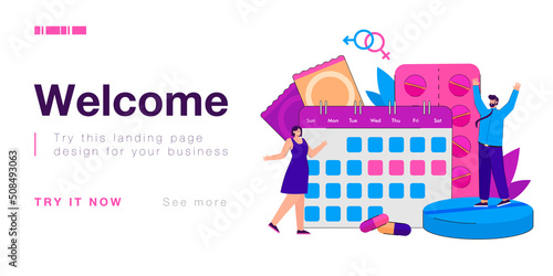 Couple with menstruation cycle calendar and contraceptives. Tiny people using contraception for reproductive health flat vector illustration. Birth fertility control, pregnancy, gynecology concept