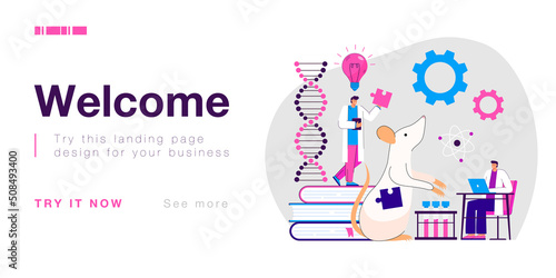 Genetic laboratory research and experiment of tiny scientists. People testing dna modifications, holding puzzle in hands flat vector illustration. Biotechnology, genetically modified animals concept