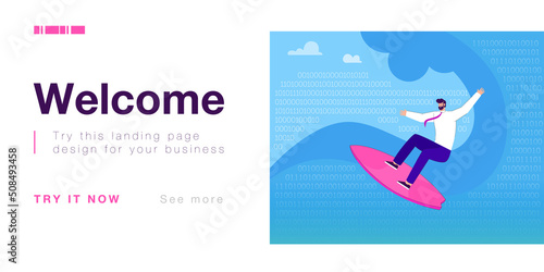 Businessman surfing in digital waves of numbers and binary codes. Man exploring virtual space in search of ideas flat vector illustration. Business challenge, analysis of data, programming concept