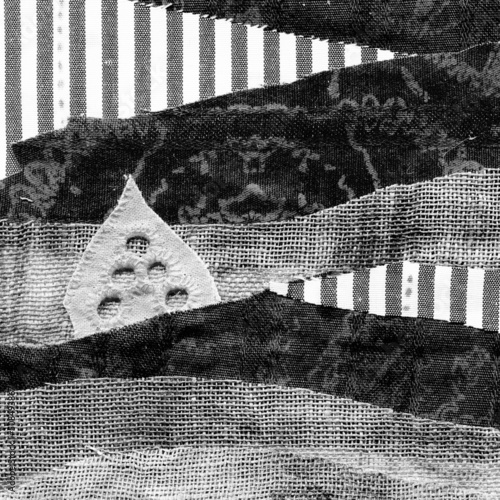 Fabric art applique Illustration. Patchwork forest landscape with trees, hills and sky. Original graphic illustration black and white. Decorative landscape hand made recycled trash art