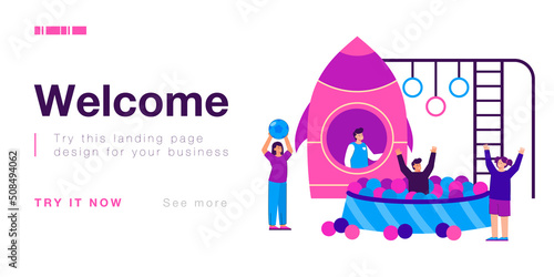 Cartoon children playing at day care center or nursery. Kids spending time in indoor game zone flat vector illustration. Children, recreation concept for banner, website design or landing page