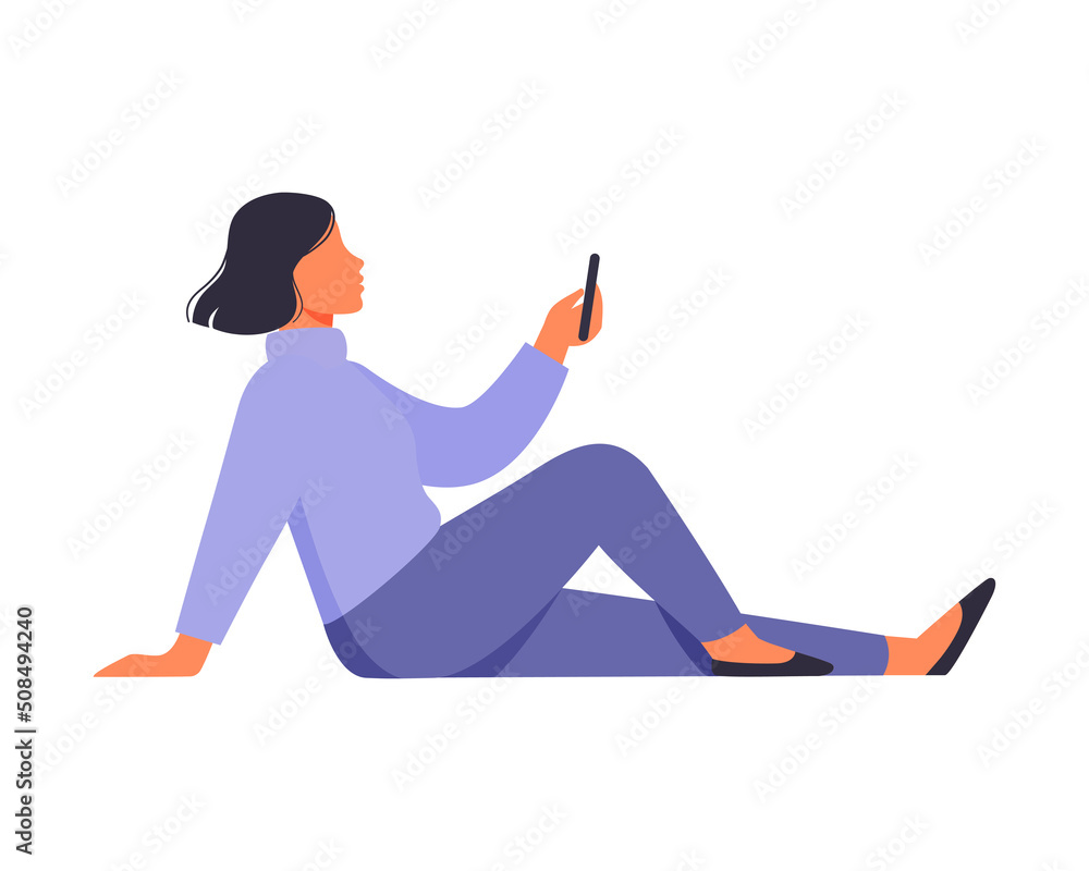 Woman sits with a smartphone in her hands. Flat vector illustration. Woman sits with a smartphone in her hands. Flat vector illustration.