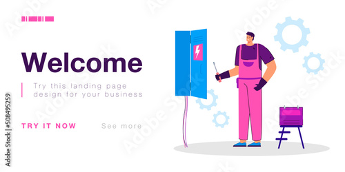 Electrician working with electric panel and switchboard in box. Industrial work of man with fuse and wire system flat vector illustration. Distribution of electricity, maintenance service concept