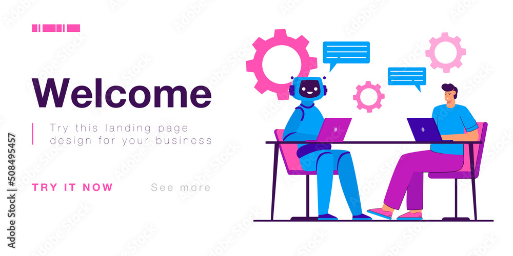 Human and humanoid robot team working together. Man and cyborg sitting with laptops in office workspace flat vector illustration. Artificial intelligence, workforce, futuristic technology concept