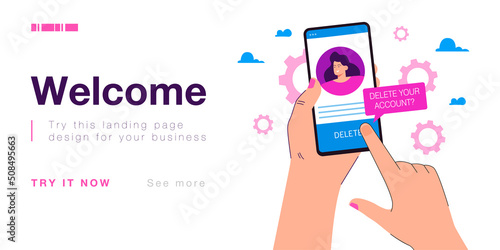 Hand holding phone with social media profile and delete button. Woman deleting account from online network flat vector illustration. Technology or internet addiction concept for banner or landing page
