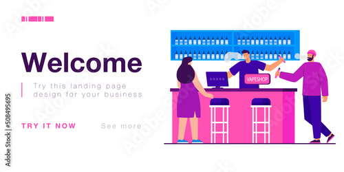 Group of adult hipsters buying vaporizers in vape shop. People standing near showcase with electronic cigarettes and enjoying vapors flat vector illustration. Alternative smoking, lifestyle concept