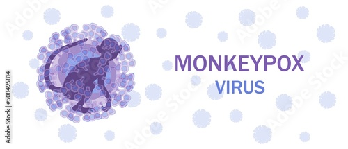 Cells of the monkeypox virus with a silhouette of a monkey inside on a microbiological background with text. Monkeypox virus. Virus disease concept. Vector. photo