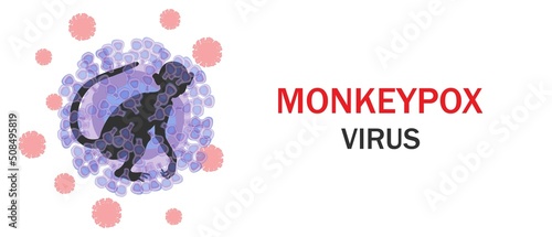 Monkeypox virus banner. Microbiological background with virus cells and monkey contours. Vector illustration.