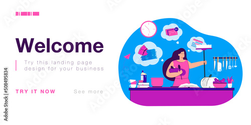 Busy young mom in stress holding baby surrounded by chaos at home. Mother doing domestic work and daily routine tasks flat vector illustration. Family, home cleaning, time management concept