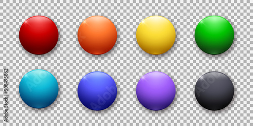 Realistic glossy buttons collection. Set of 3d vector elements in different colors on transparent background. Best for mobile apps  UI and web design. 