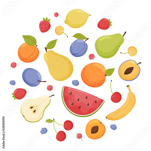 Round composition of fresh garden and tropical fruits and berries. Organic vegan food.