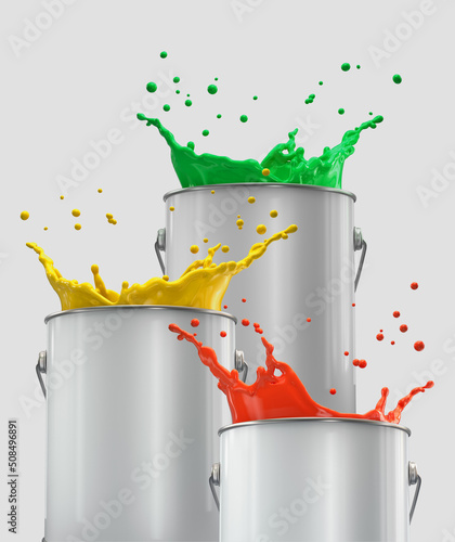 Cans of paint with colored splash