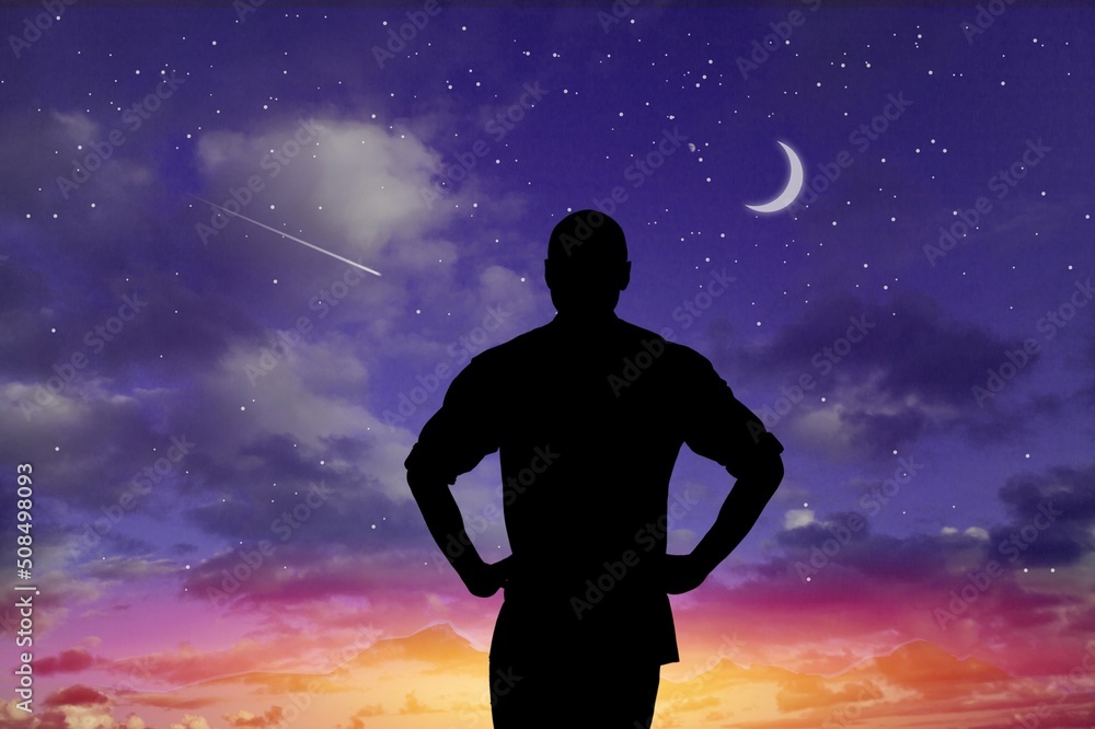 Silhouette man observing evening sky with stars and Moon. Silhouette man observing evening sky with stars and Moon.
