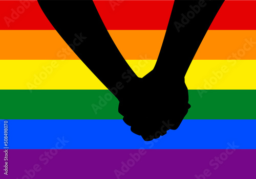 Cogidos de la mano, colectivo LGTBIQ+. Bandera LGTBI con la silueta negra de cogidos de la mano