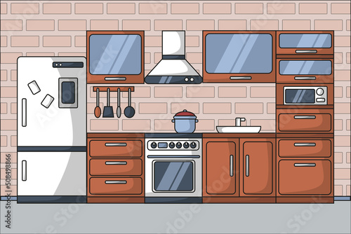 Kitchen, design with furniture, refrigerator, gas stove, microwave, kitchen utensils, extractor hood in flat style.