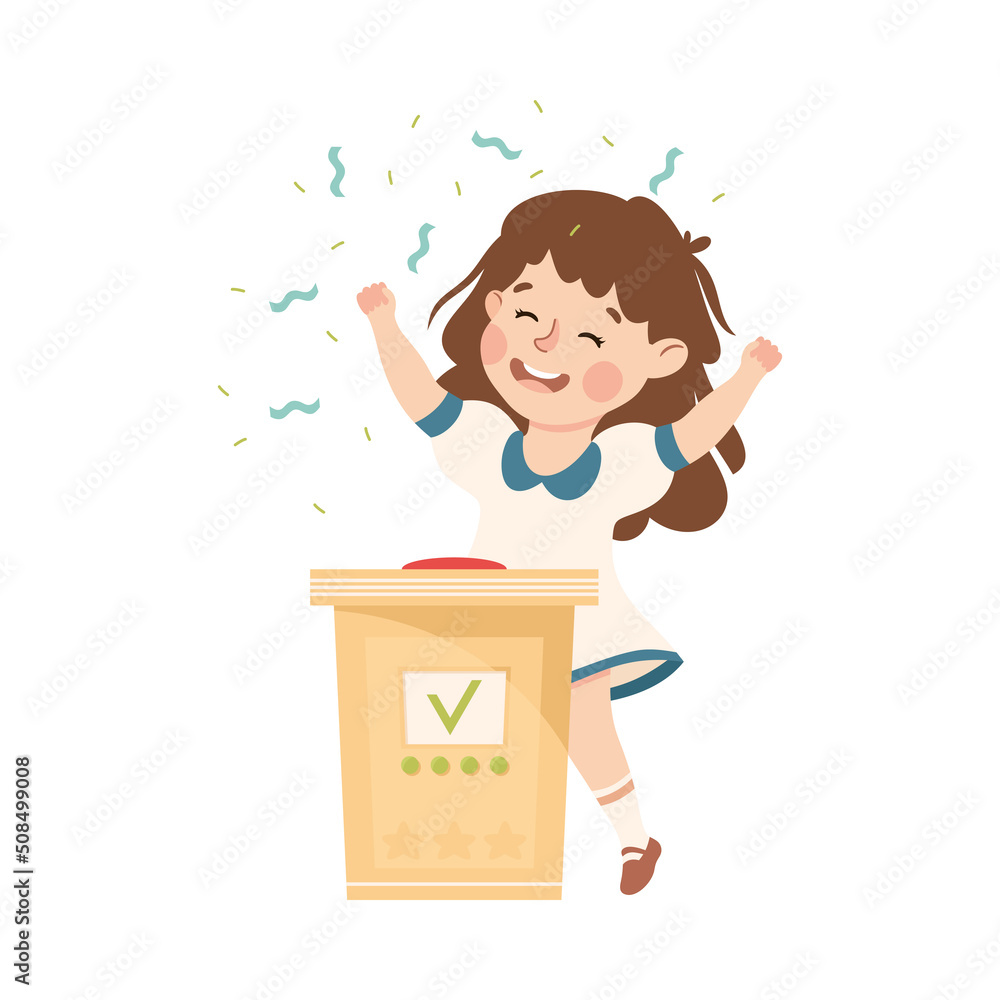 Little Girl Winning Quiz Game or Mind Sport Standing at Press Button and Cheering Vector Illustration Little Girl Winning Quiz Game or Mind Sport Standing at Press Button and Cheering Vector Illustration